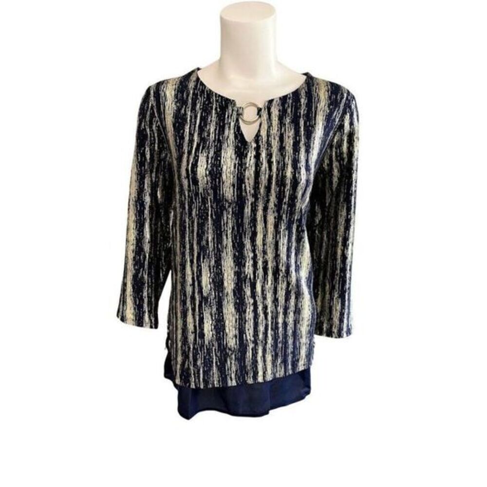 JM Collection Blouse Top Medium Blue Gold Women's Metallic Sparkle NEW‎